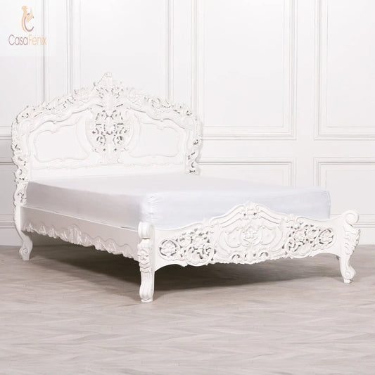 Rococo Carved French Style 5ft King Size Bed Off White Paint Finish - CasaFenix