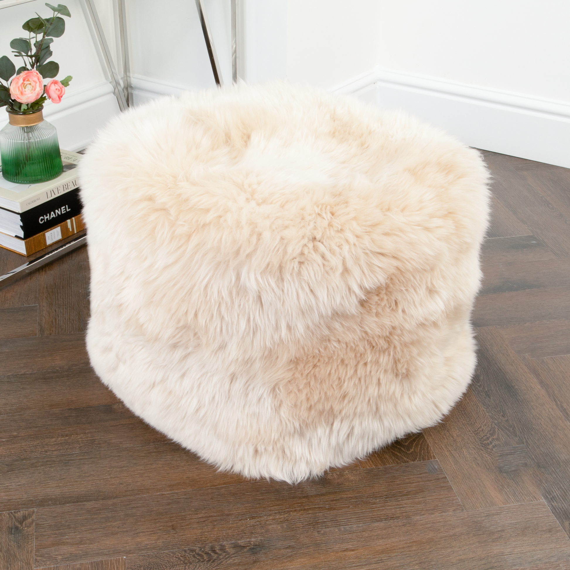 Beige Sheepskin Square Pouf Foot Stool 40x40x40cm - CasaFenix