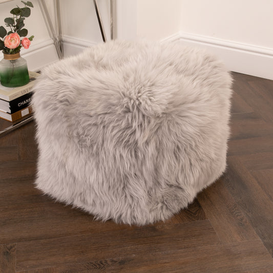 Grey Sheepskin Pouf 40x40x40cm Cube Foot Stool - CasaFenix