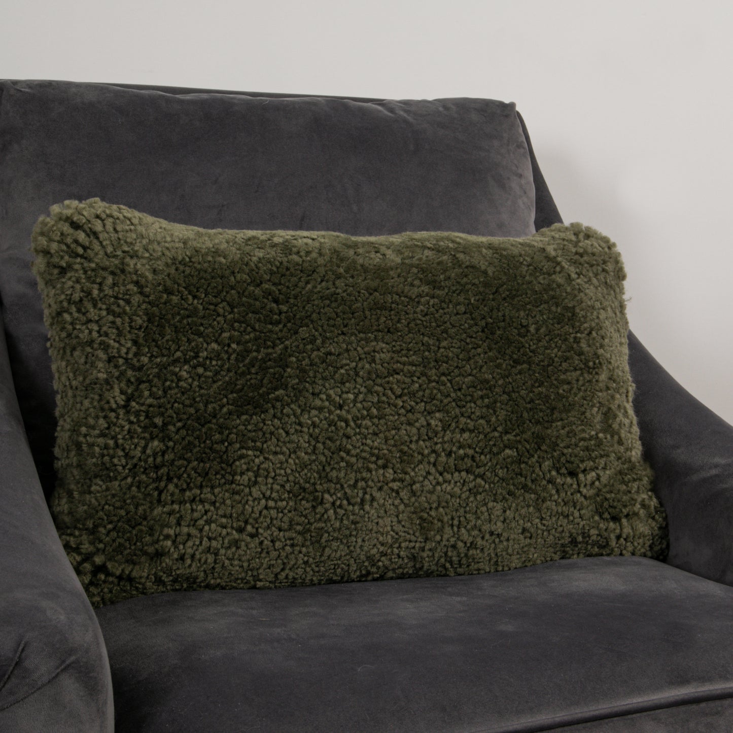 Khaki Green Short Pile Sheepskin Cushion 50 x 30cm - CasaFenix