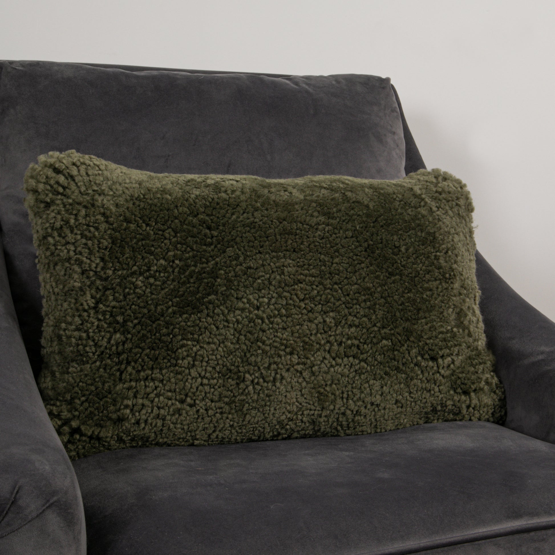 Khaki Green Short Pile Sheepskin Cushion 50 x 30cm - CasaFenix