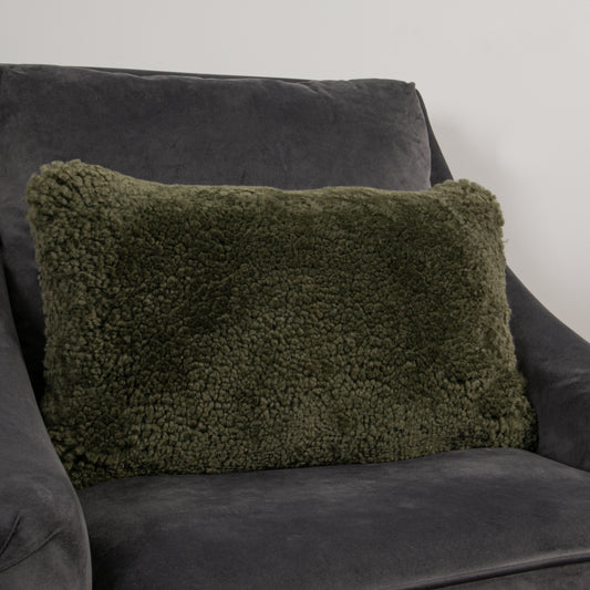Khaki Green Short Pile Sheepskin Cushion 50 x 30cm - CasaFenix