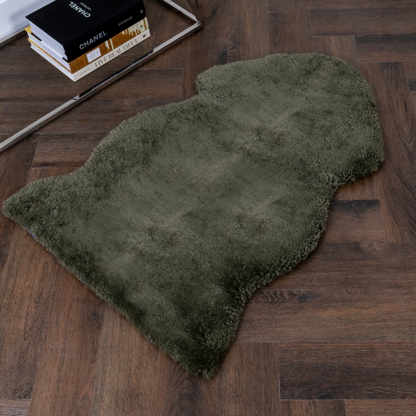 Khaki Green Short Pile Sheepskin Rug 90 x 60cm - CasaFenix