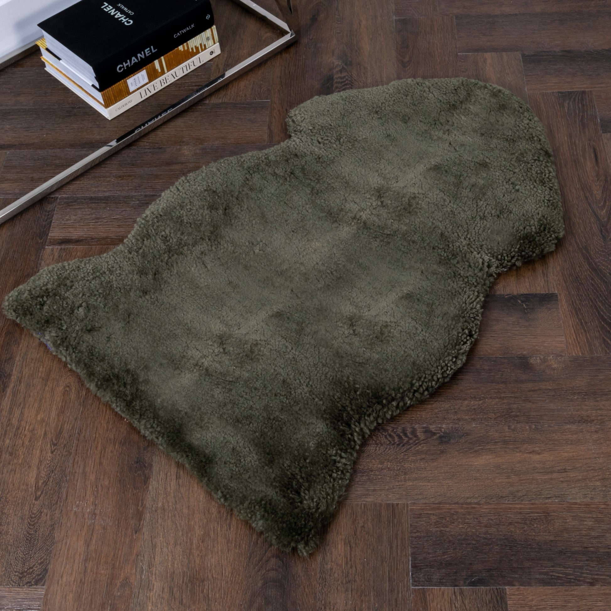 Khaki Green Short Pile Sheepskin Rug 90 x 60cm - CasaFenix