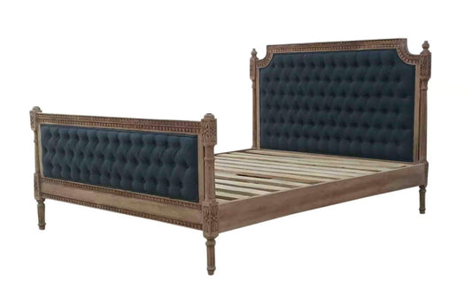 Lana Grey Deep Button Upholstered Bed Solid Mango Wood - CasaFenix