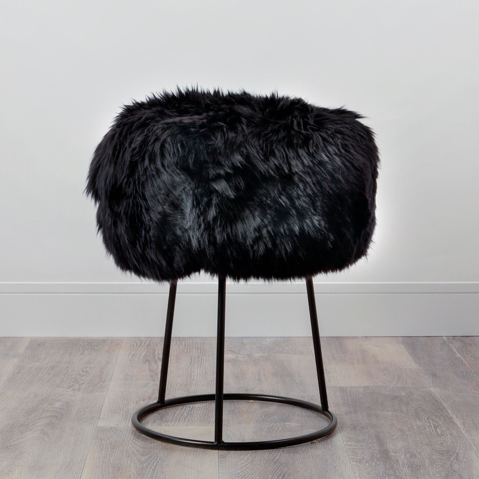 Black Metal Sheepskin Stool 36cm Diameter 4.5kg - CasaFenix