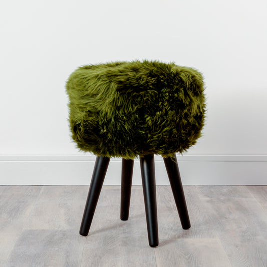 Olive Green Genuine Sheepskin Black Wooden Leg Stool - CasaFenix