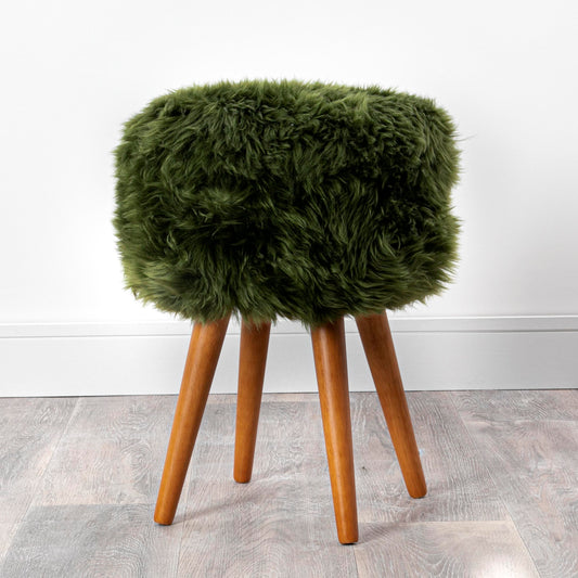 Olive Green Genuine Sheepskin Wood Leg Stool - Woodstain - CasaFenix