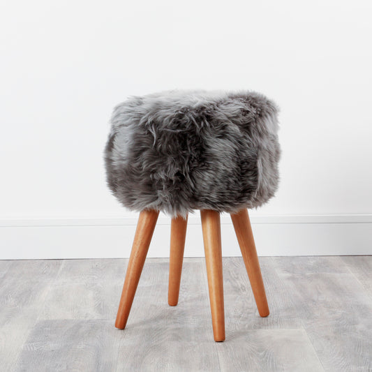 Grey Genuine Sheepskin Wood Leg Stool - Woodstain - CasaFenix