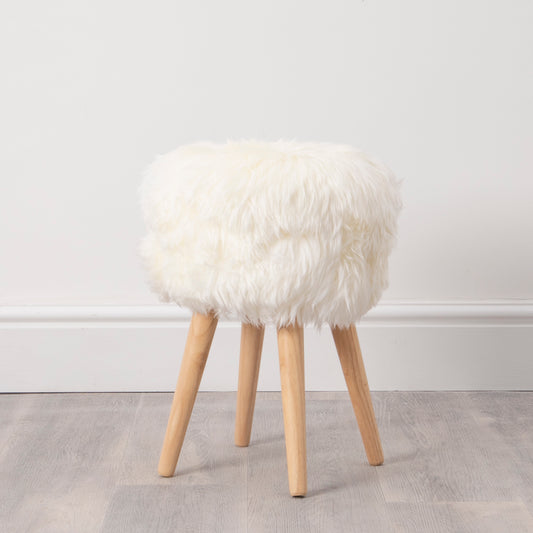 Natural White Genuine Sheepskin Wood Stool - Light Wood Legs - CasaFenix