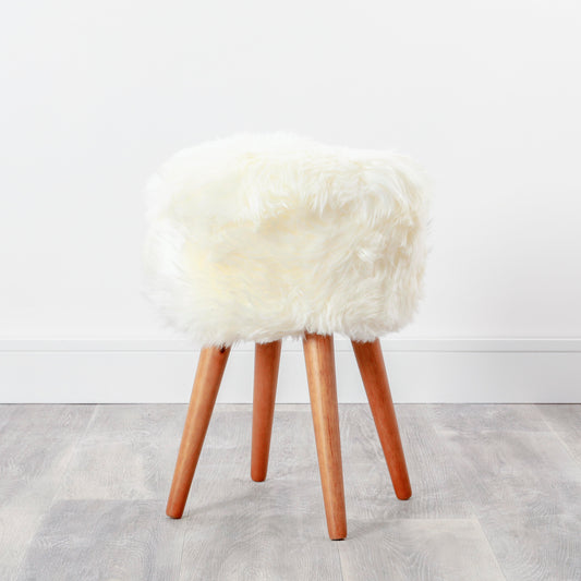 Natural White Genuine Sheepskin Wood Leg Stool - Woodstain - CasaFenix