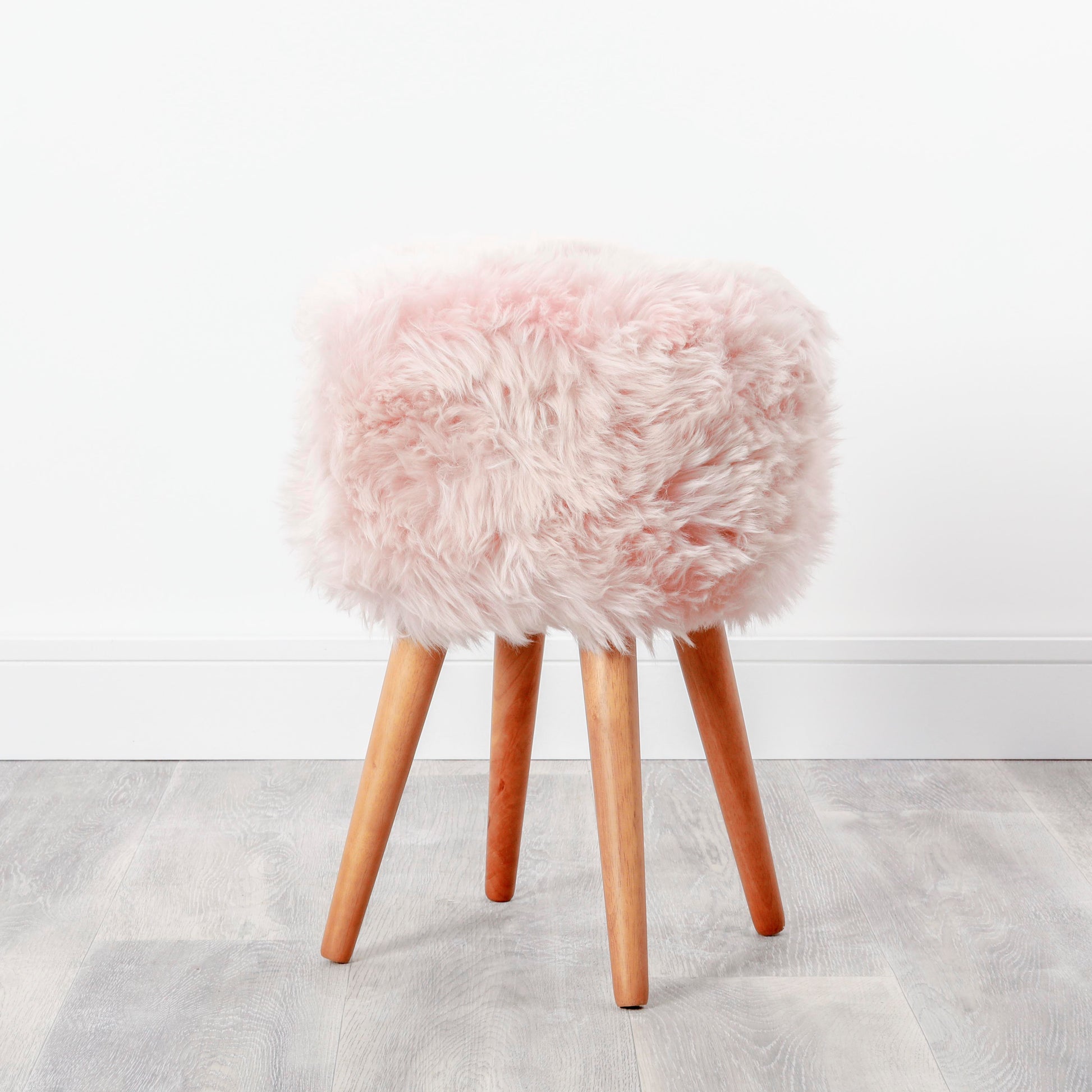 Blush Pink Genuine 4.5kg Sheepskin Wood Leg Stool - Woodstain - CasaFenix