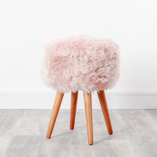 Blush Pink Genuine 4.5kg Sheepskin Wood Leg Stool - Woodstain - CasaFenix