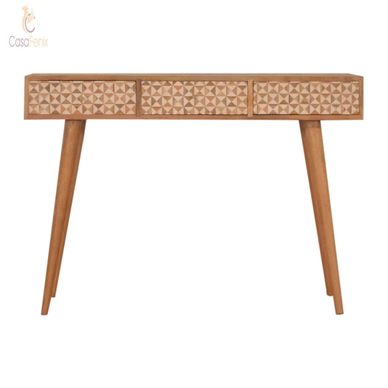Sarina Console 3 Drawer Table 100% solid mango wood in an oak-ish finish - CasaFenix