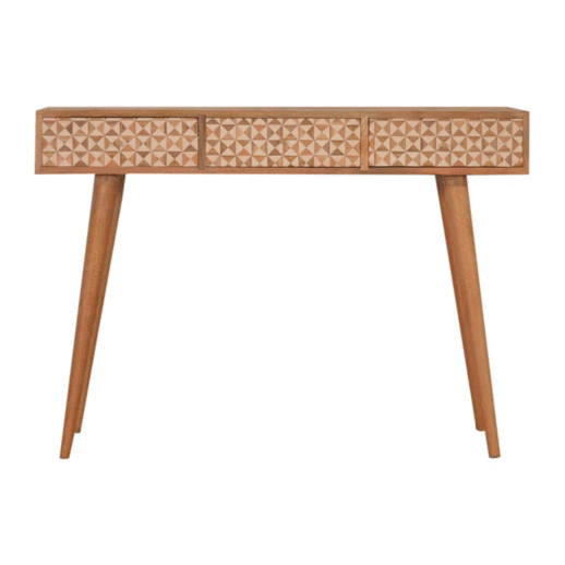 Sarina Console 3 Drawer Table 100% solid mango wood in an oak-ish finish - CasaFenix