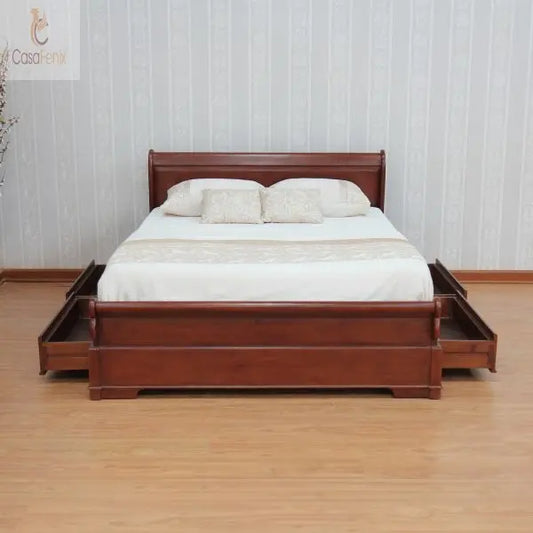 Solid Mahogany French Sleigh Bed - 4 Storage Drawers Low Foot Board - CasaFenix