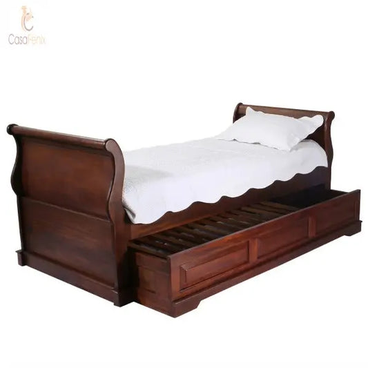 Solid Mahogany French Sleigh Day Bed - Trundle (Two Bed's) - CasaFenix