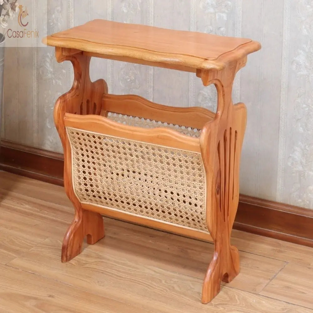 Solid Mahogany & Rattan Magazine Rack Table - CasaFenix