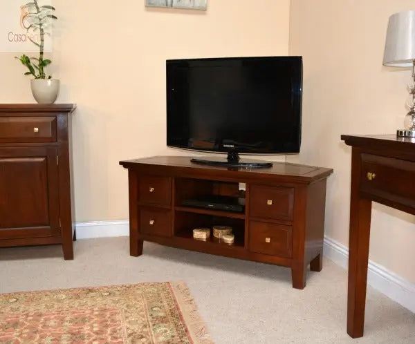 Yorke Contemporary Collection Wide Corner TV Unit / Stand Solid Mahogany - CasaFenix