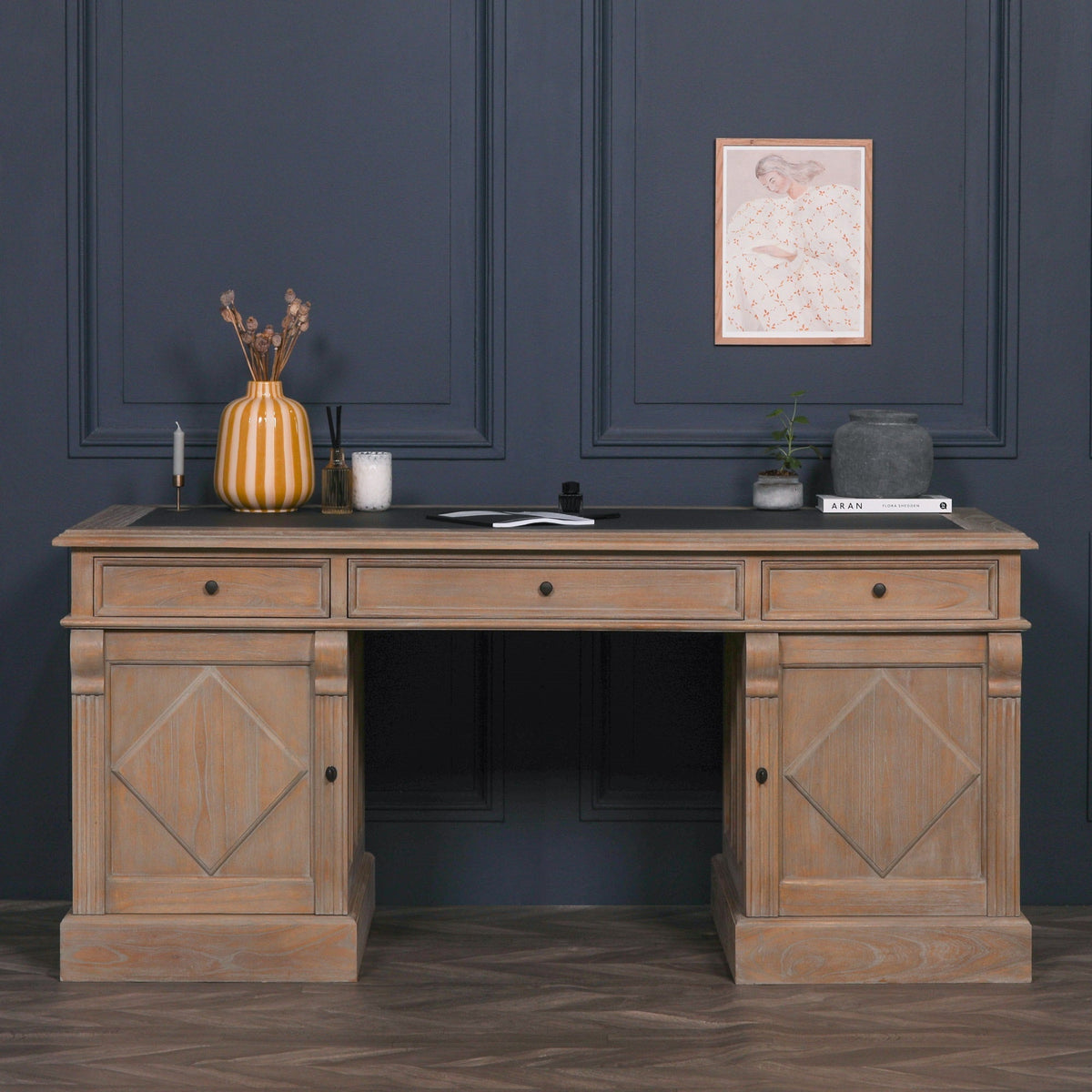 White Cedar Rustic Desk with Carved Columns Synthetic Leather Top 180cm Desk CasaFenix