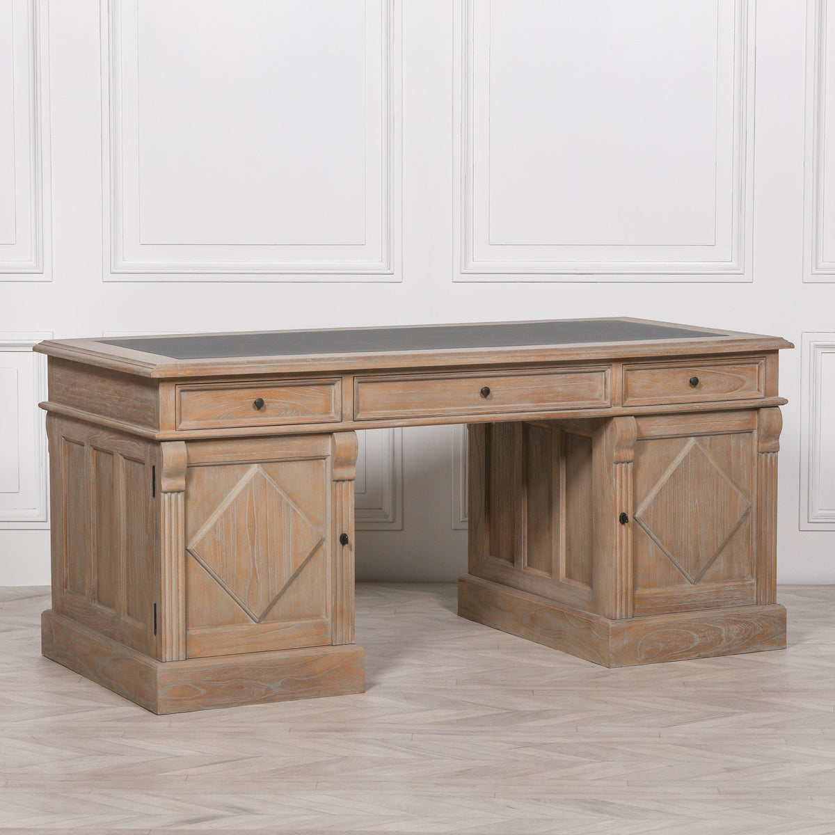 White Cedar Rustic Desk with Carved Columns Synthetic Leather Top 180cm Desk CasaFenix