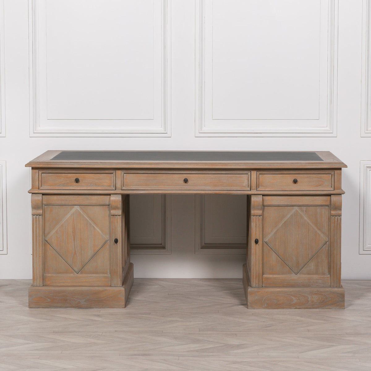White Cedar Rustic Desk with Carved Columns Synthetic Leather Top 180cm Desk CasaFenix
