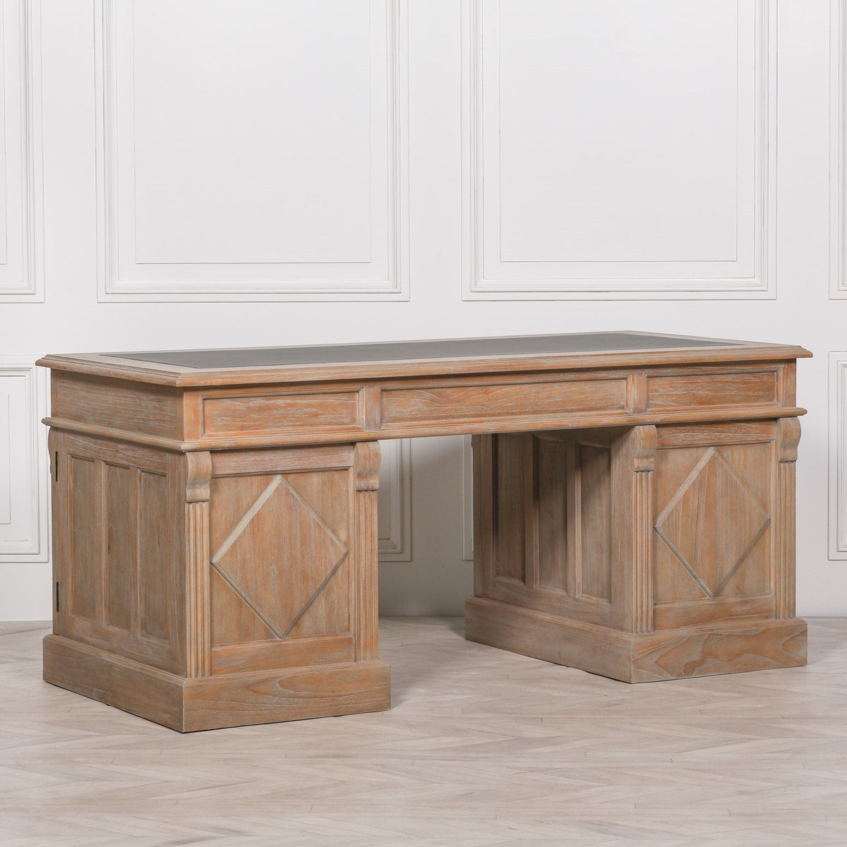 White Cedar Rustic Desk with Carved Columns Synthetic Leather Top 180cm Desk CasaFenix