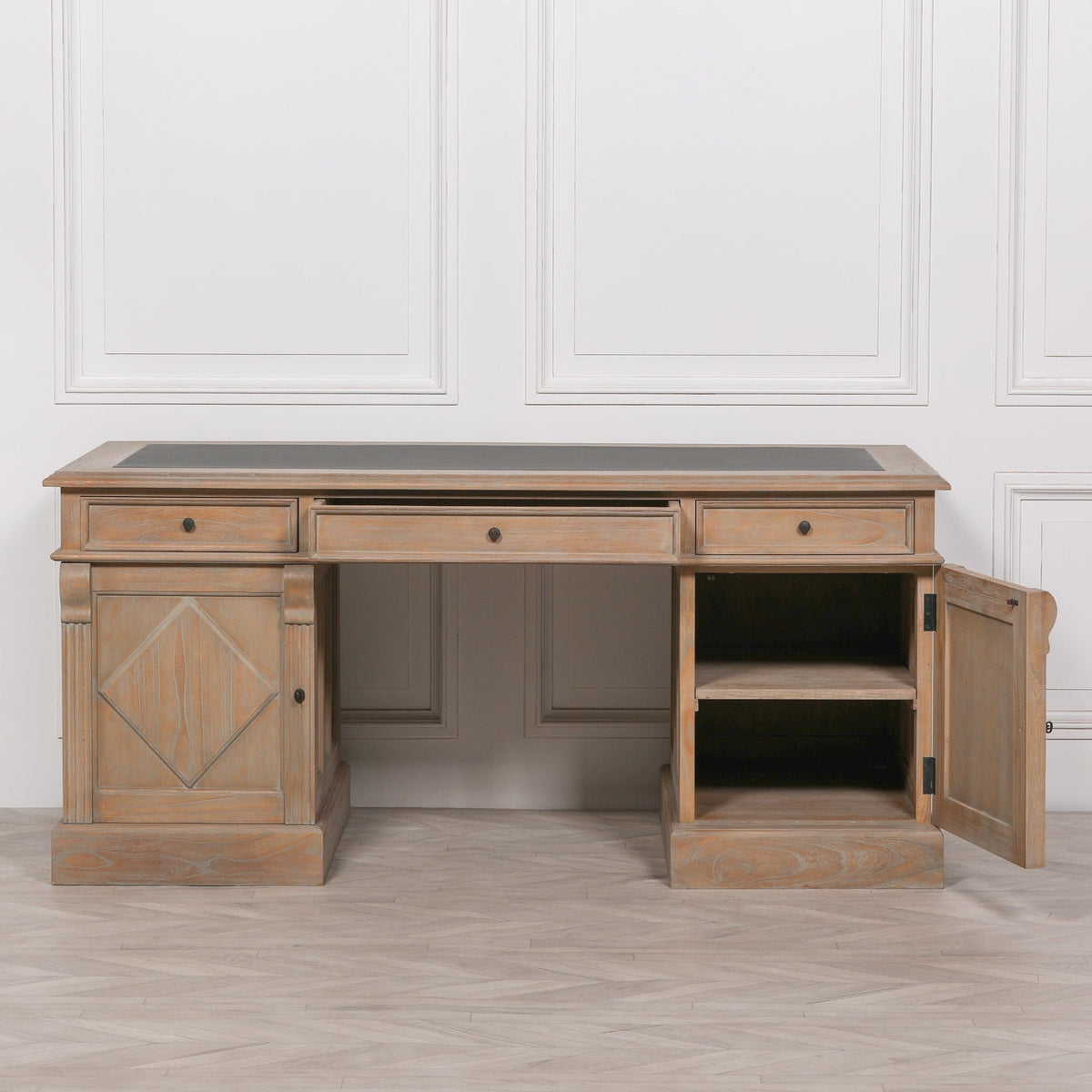 White Cedar Rustic Desk with Carved Columns Synthetic Leather Top 180cm Desk CasaFenix