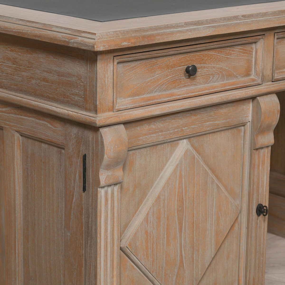 White Cedar Rustic Desk with Carved Columns Synthetic Leather Top 180cm Desk CasaFenix