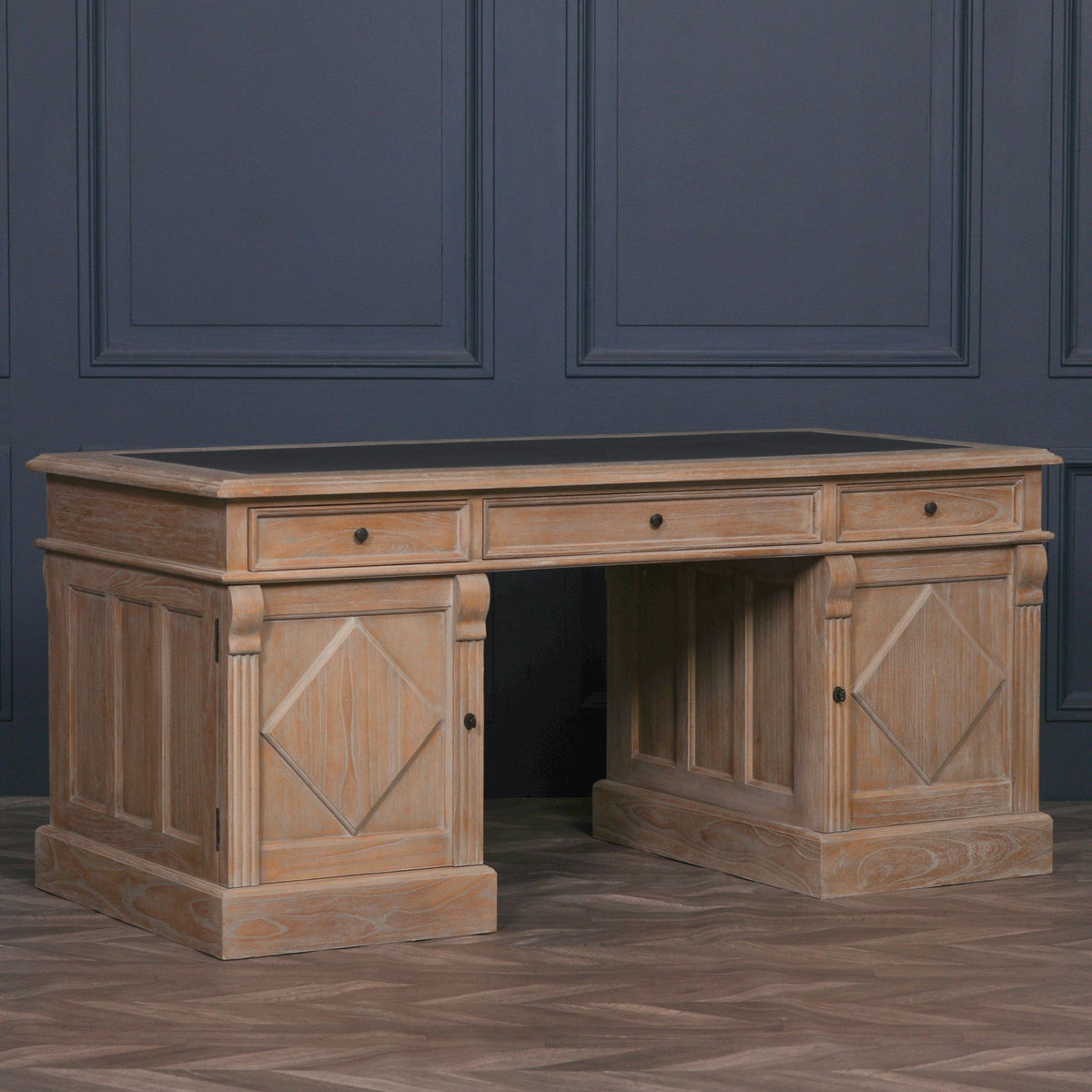 White Cedar Rustic Desk with Carved Columns Synthetic Leather Top 180cm Desk CasaFenix