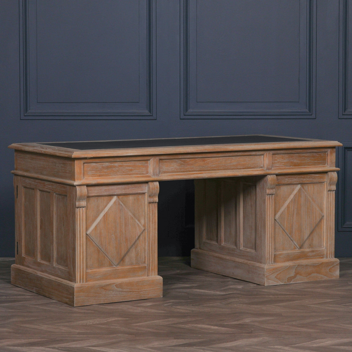 White Cedar Rustic Desk with Carved Columns Synthetic Leather Top 180cm Desk CasaFenix