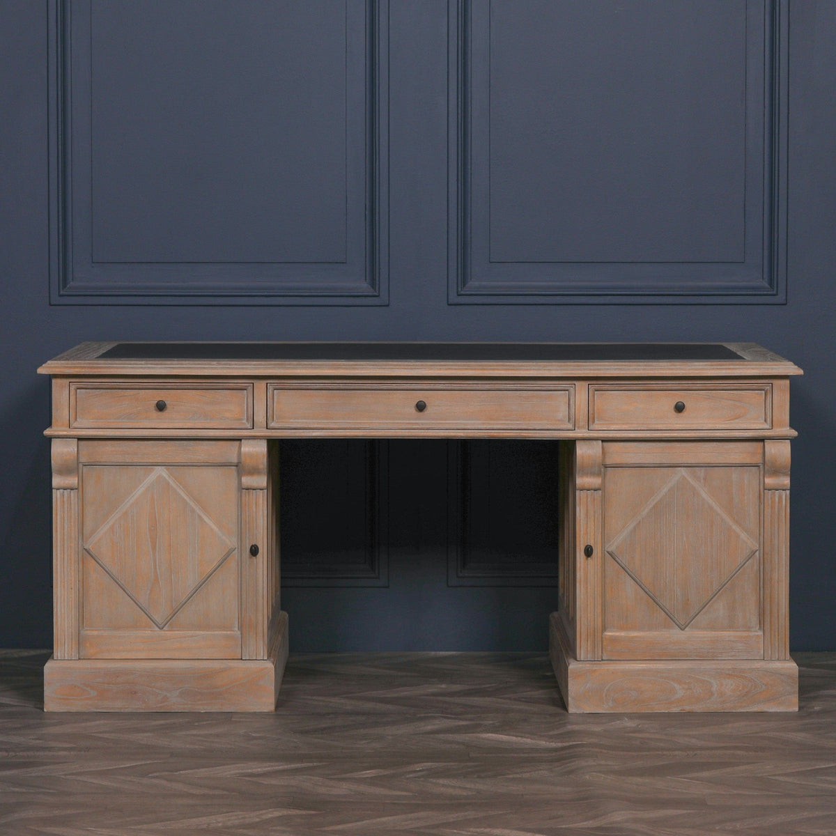 White Cedar Rustic Desk with Carved Columns Synthetic Leather Top 180cm Desk CasaFenix