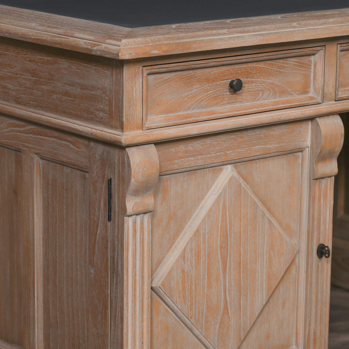 White Cedar Rustic Desk with Carved Columns Synthetic Leather Top 180cm Desk CasaFenix