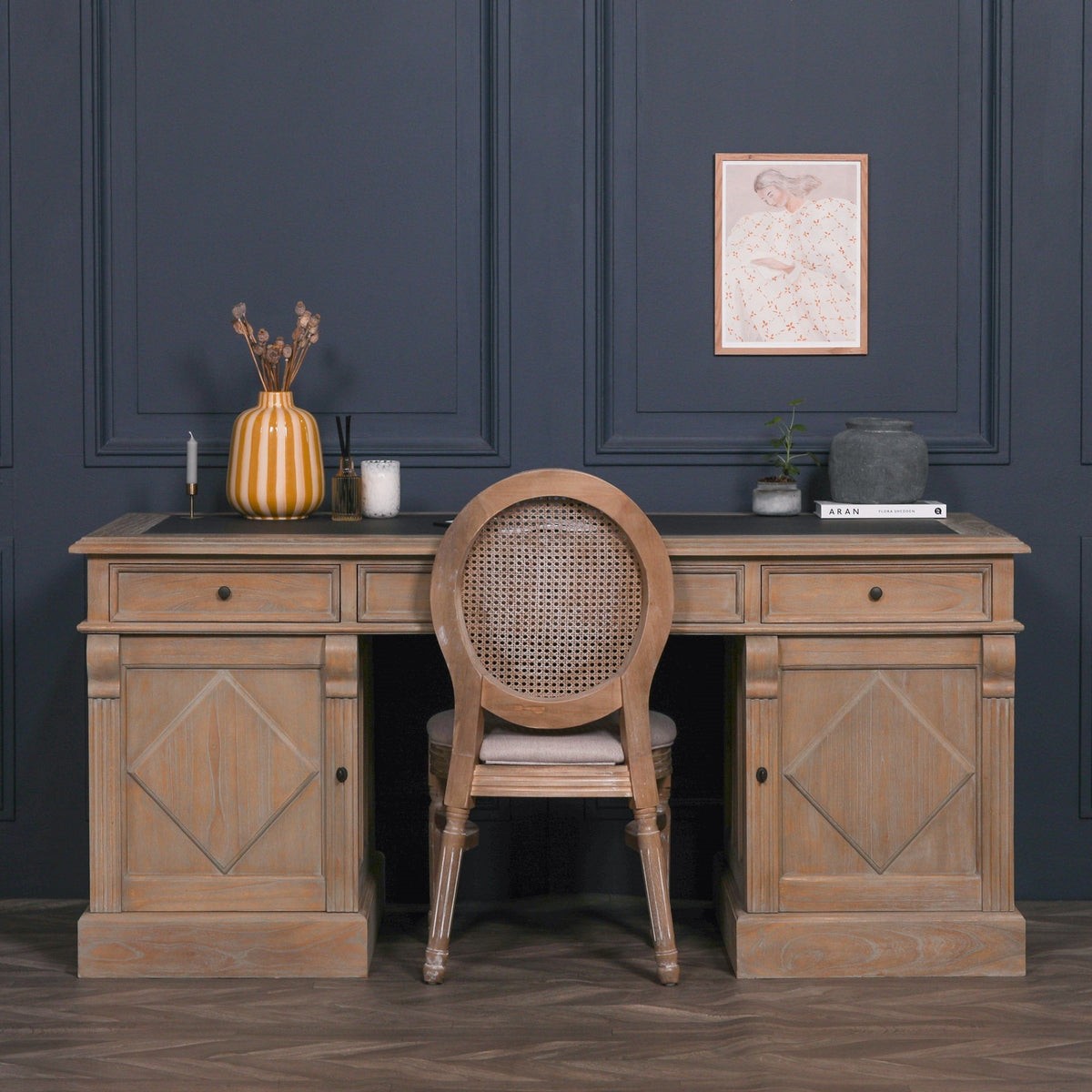 White Cedar Rustic Desk with Carved Columns Synthetic Leather Top 180cm Desk CasaFenix