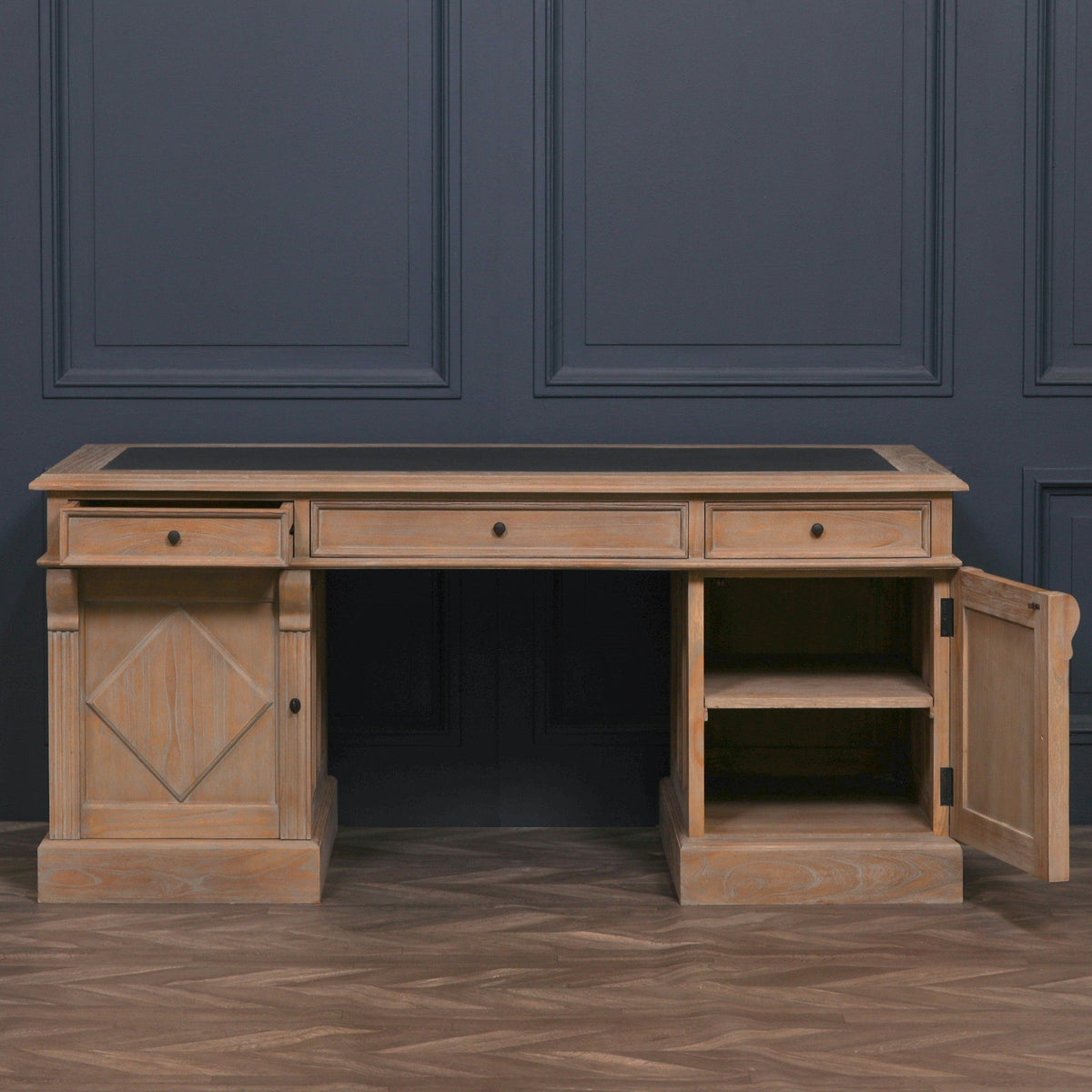 White Cedar Rustic Desk with Carved Columns Synthetic Leather Top 180cm Desk CasaFenix