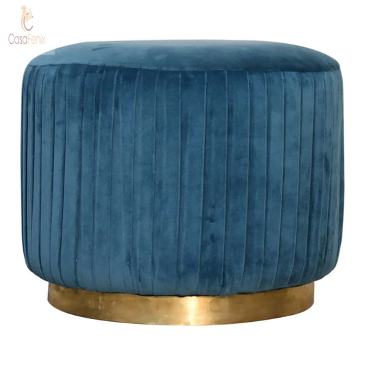 Teal Cotton Velvet Pleated Footstool with Gold Base - CasaFenix