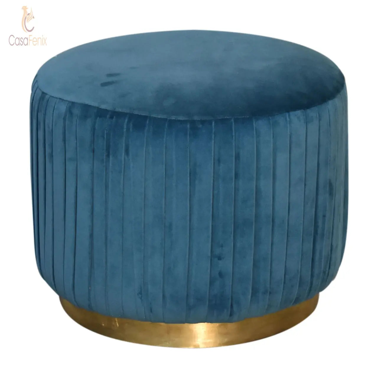 Teal Cotton Velvet Pleated Footstool with Gold Base - CasaFenix