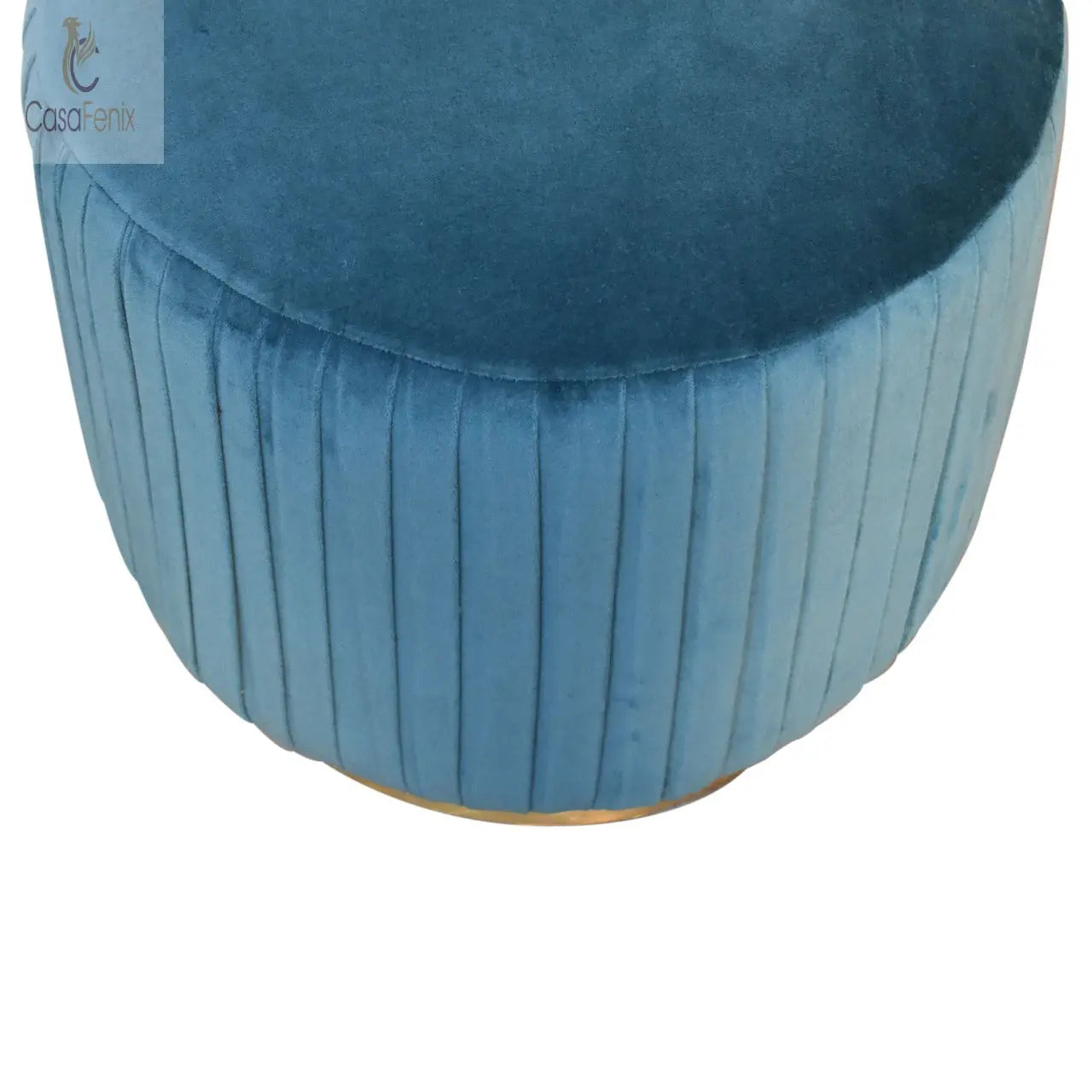 Teal Cotton Velvet Pleated Footstool with Gold Base - CasaFenix