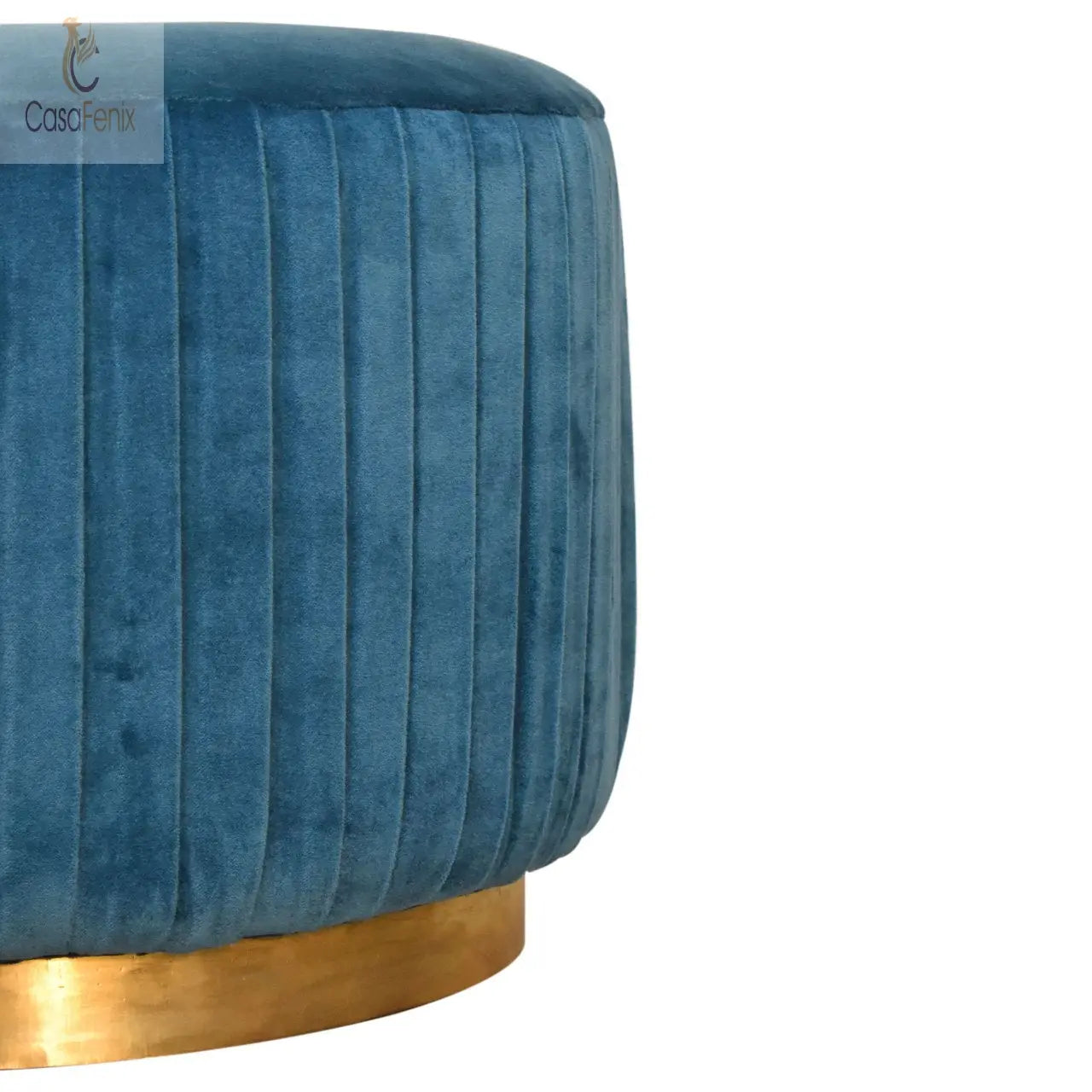 Teal Cotton Velvet Pleated Footstool with Gold Base - CasaFenix