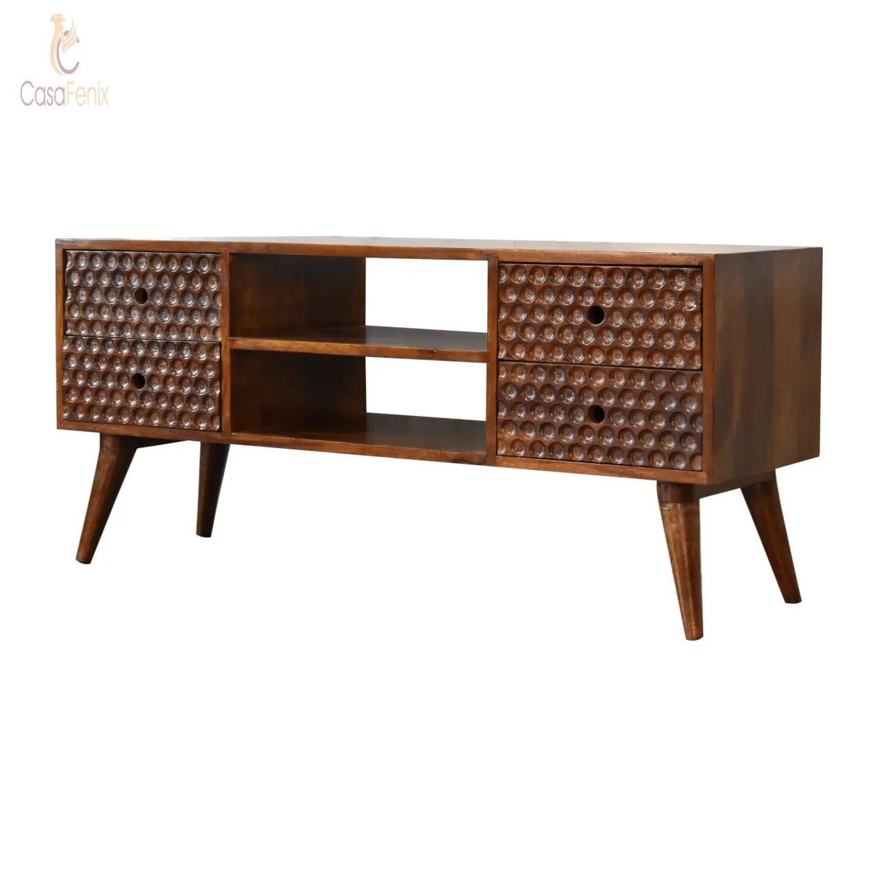 Torun Media TV Unit Stand 4 Drawer Solid Mango Wood With Chestnut FInish - CasaFenix