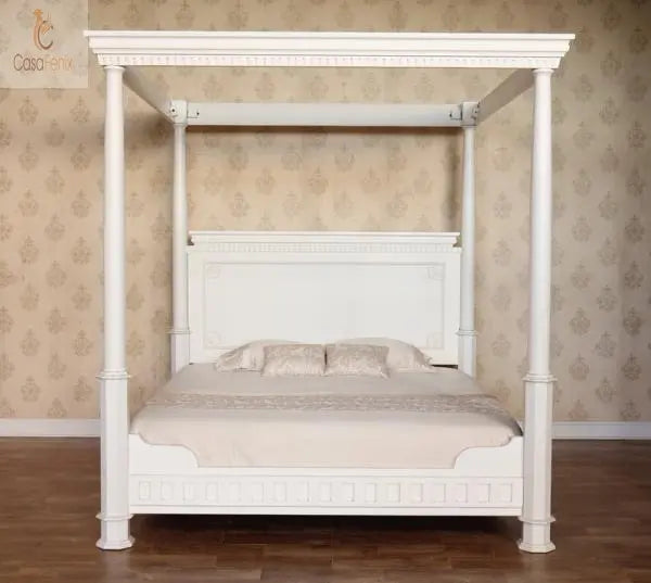 Tudor Style Solid Mahogany Four Poster Bed Low Foot Board Plain Carvings - CasaFenix