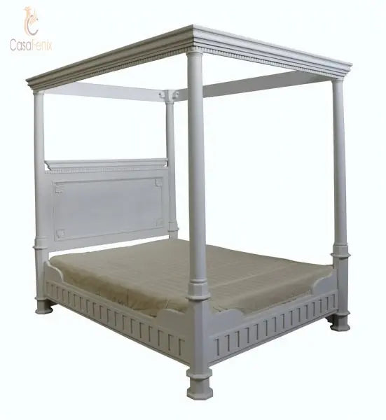 Tudor Style Solid Mahogany Four Poster Bed Low Foot Board Plain Carvings - CasaFenix