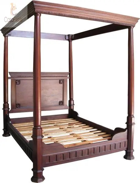 Tudor Style Solid Mahogany Four Poster Bed Low Foot Board Plain Carvings - CasaFenix