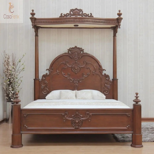 Victorian Style Heavily Carved Solid Mahogany Half Tester Canopy Bed Low foot board - CasaFenix