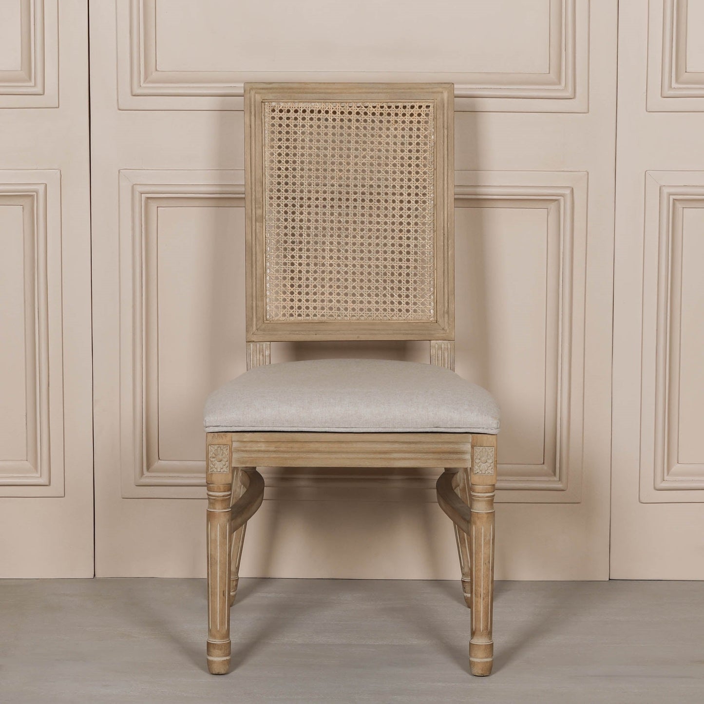 Louis-Style Birch Wood Dining Chair with Rattan Back & Linen Seat — Stackable Dining chair CasaFenix