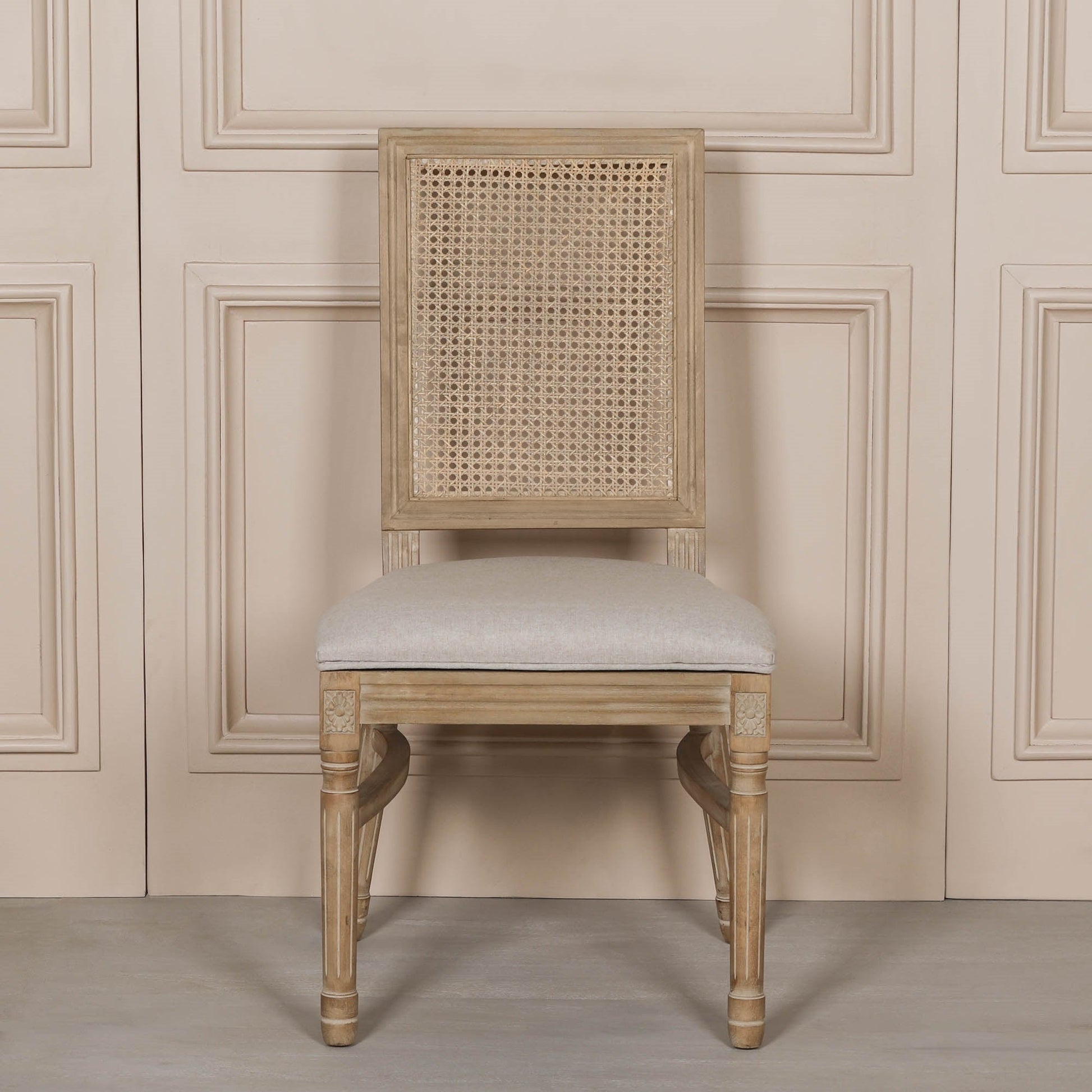 Louis-Style Birch Wood Dining Chair with Rattan Back & Linen Seat — Stackable Dining chair CasaFenix