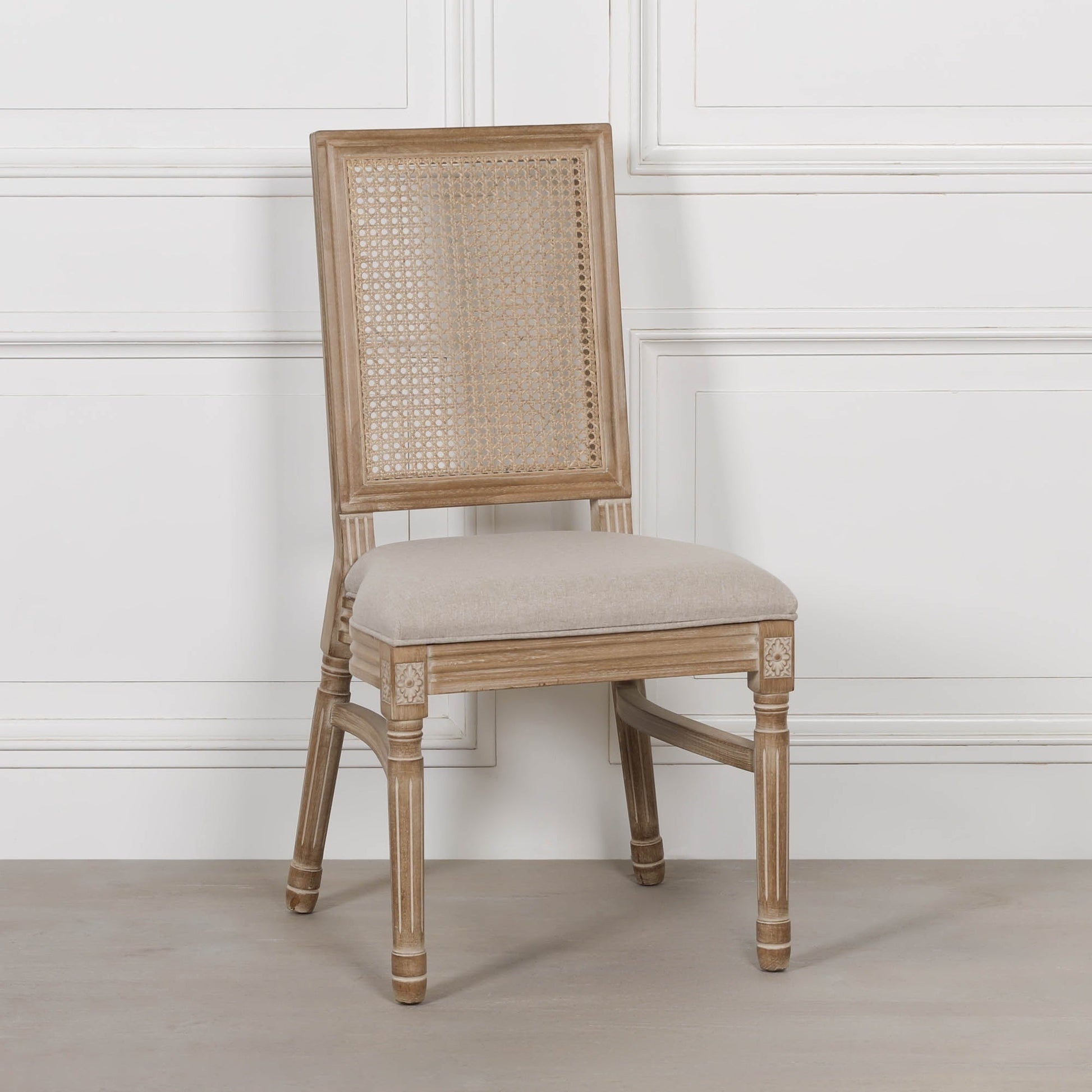 Louis-Style Birch Wood Dining Chair with Rattan Back & Linen Seat — Stackable Dining chair CasaFenix