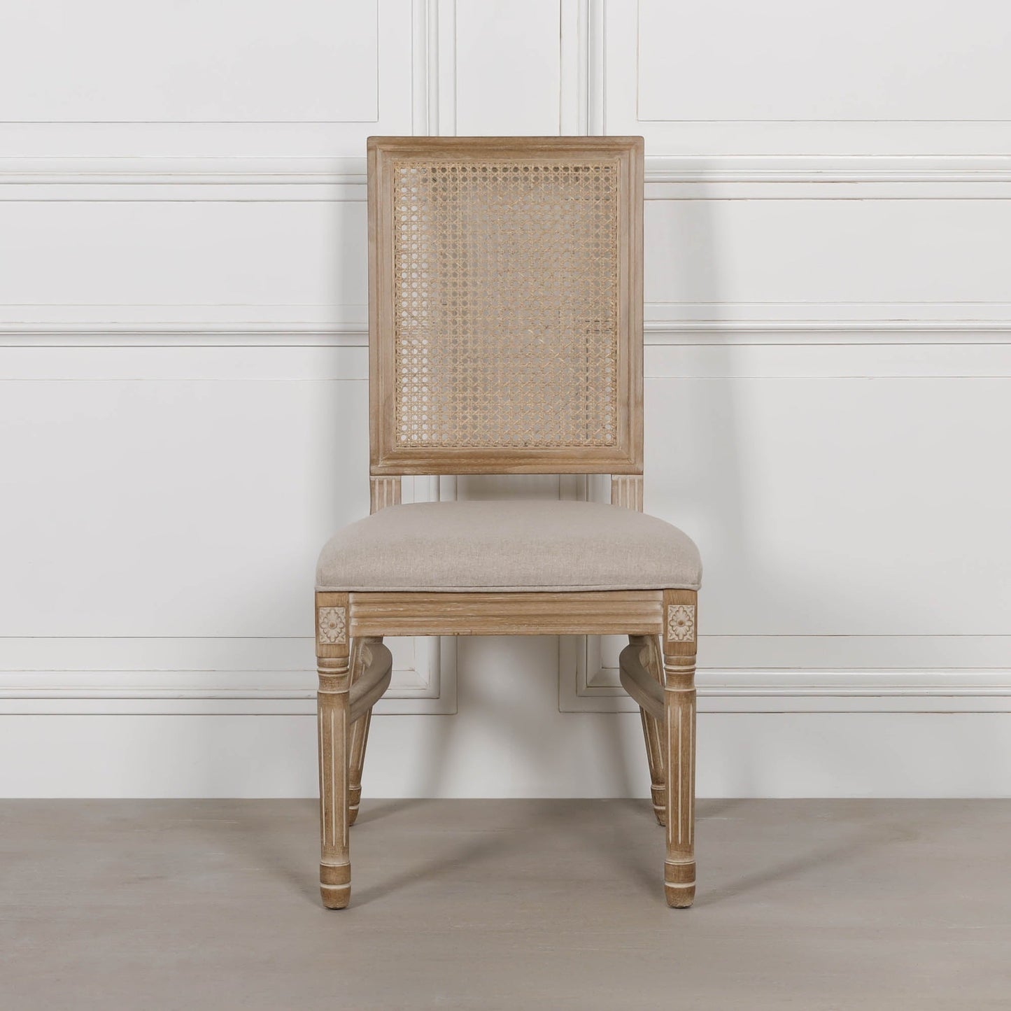 Louis-Style Birch Wood Dining Chair with Rattan Back & Linen Seat — Stackable Dining chair CasaFenix