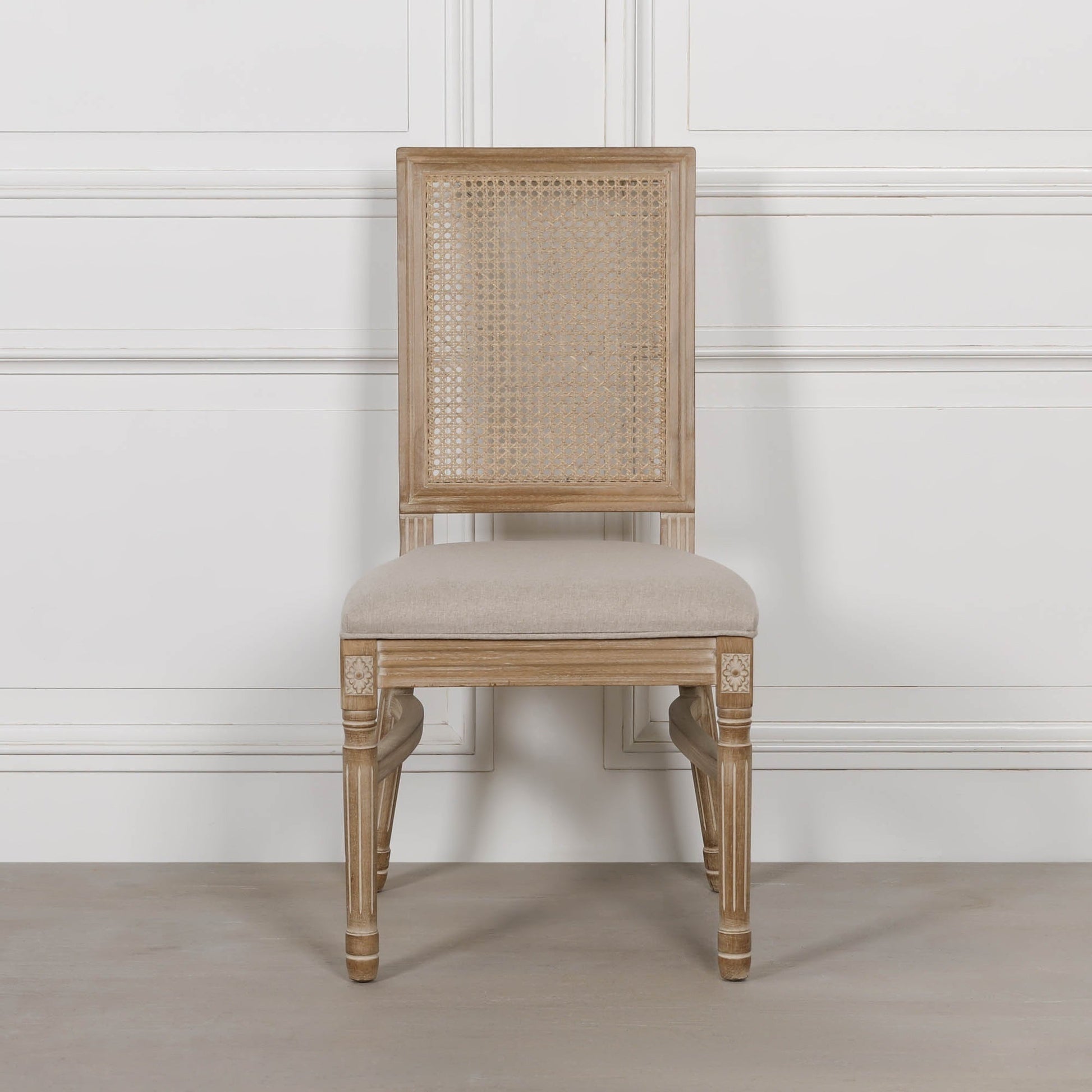 Louis-Style Birch Wood Dining Chair with Rattan Back & Linen Seat — Stackable Dining chair CasaFenix