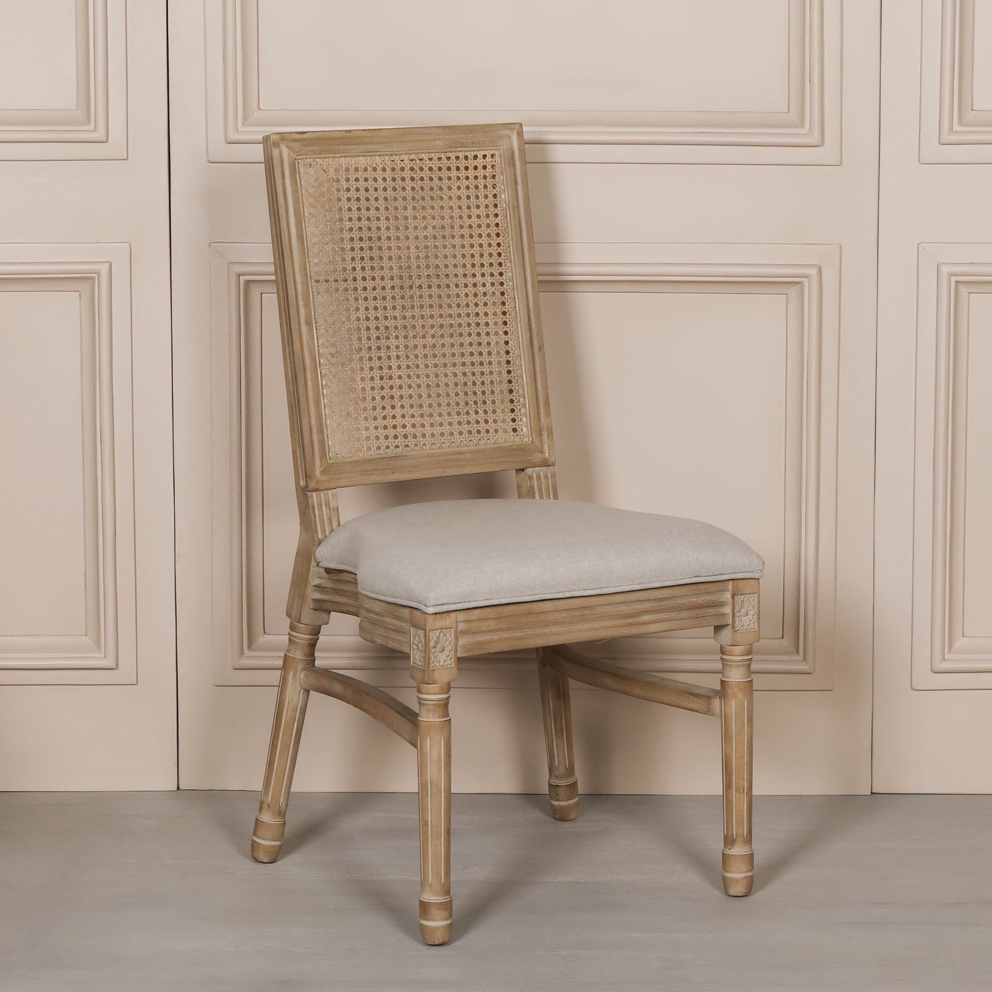 Louis-Style Birch Wood Dining Chair with Rattan Back & Linen Seat — Stackable Dining chair CasaFenix